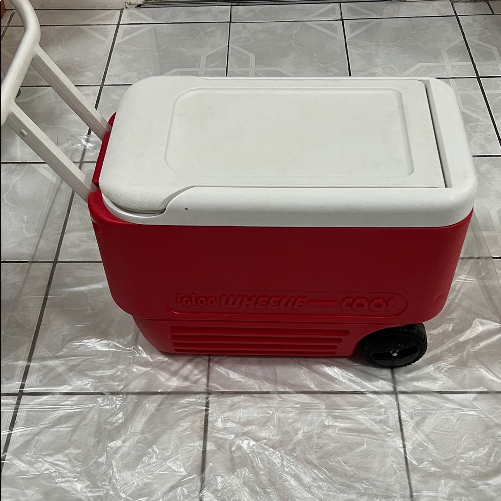 Second hand Red and White Wheeled Cooler